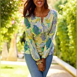 Talbots Cluster Garden Blue Green Floral Popover Long Sleeve Blouse Sp Feminine